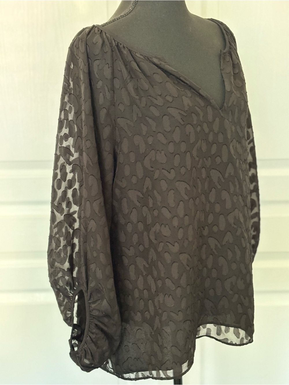 WHBM Black Burnout Animal-Print V-Neck Blouse - Long sleeve w elastic cuffs - Picture 5 of 12